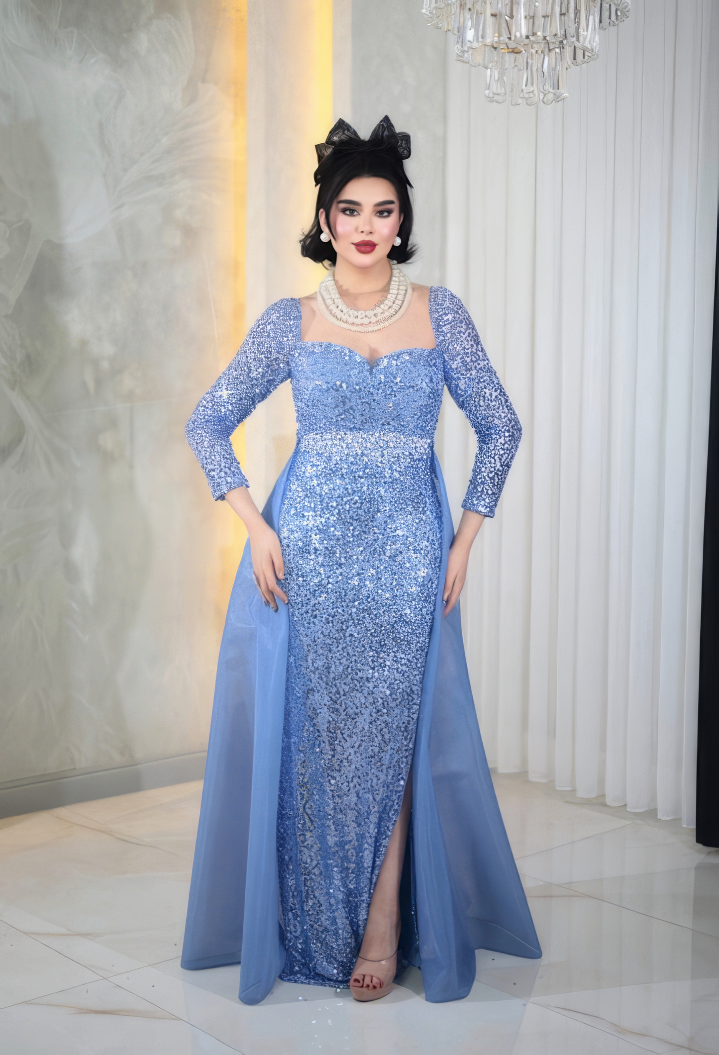 Sweetheart Mermaid Dress with Sequined Long Sleeves- Couture