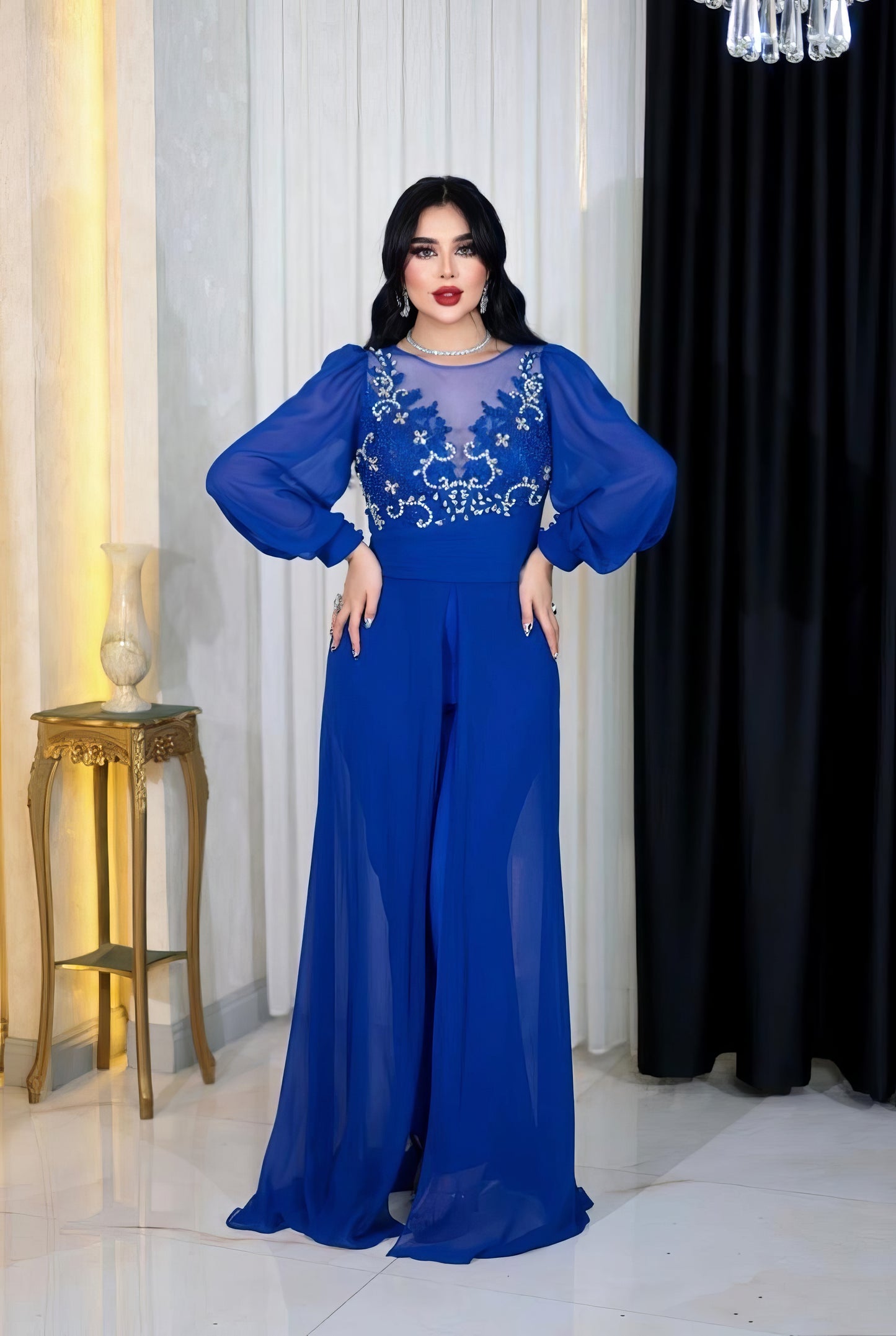 Embellished Wide-Leg Jumpsuit with Sheer Balloon Sleeves- Couture