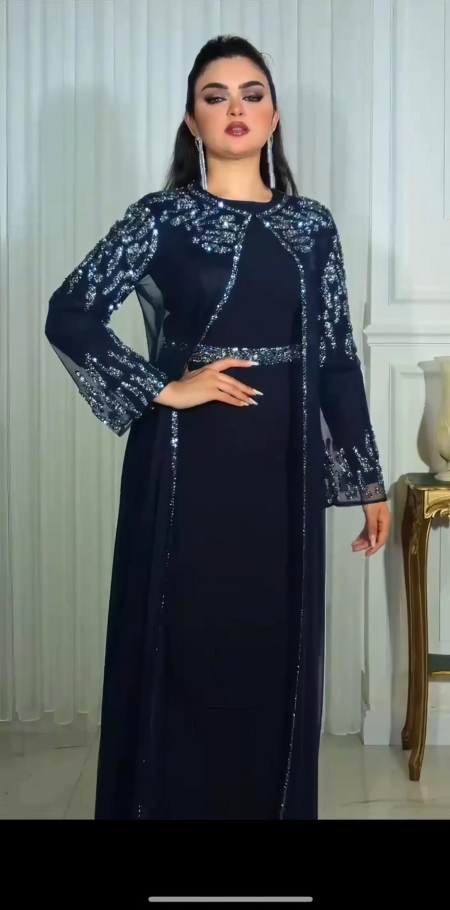 Long Sleeve Sequined Kaftan with Round Neckline- Couture