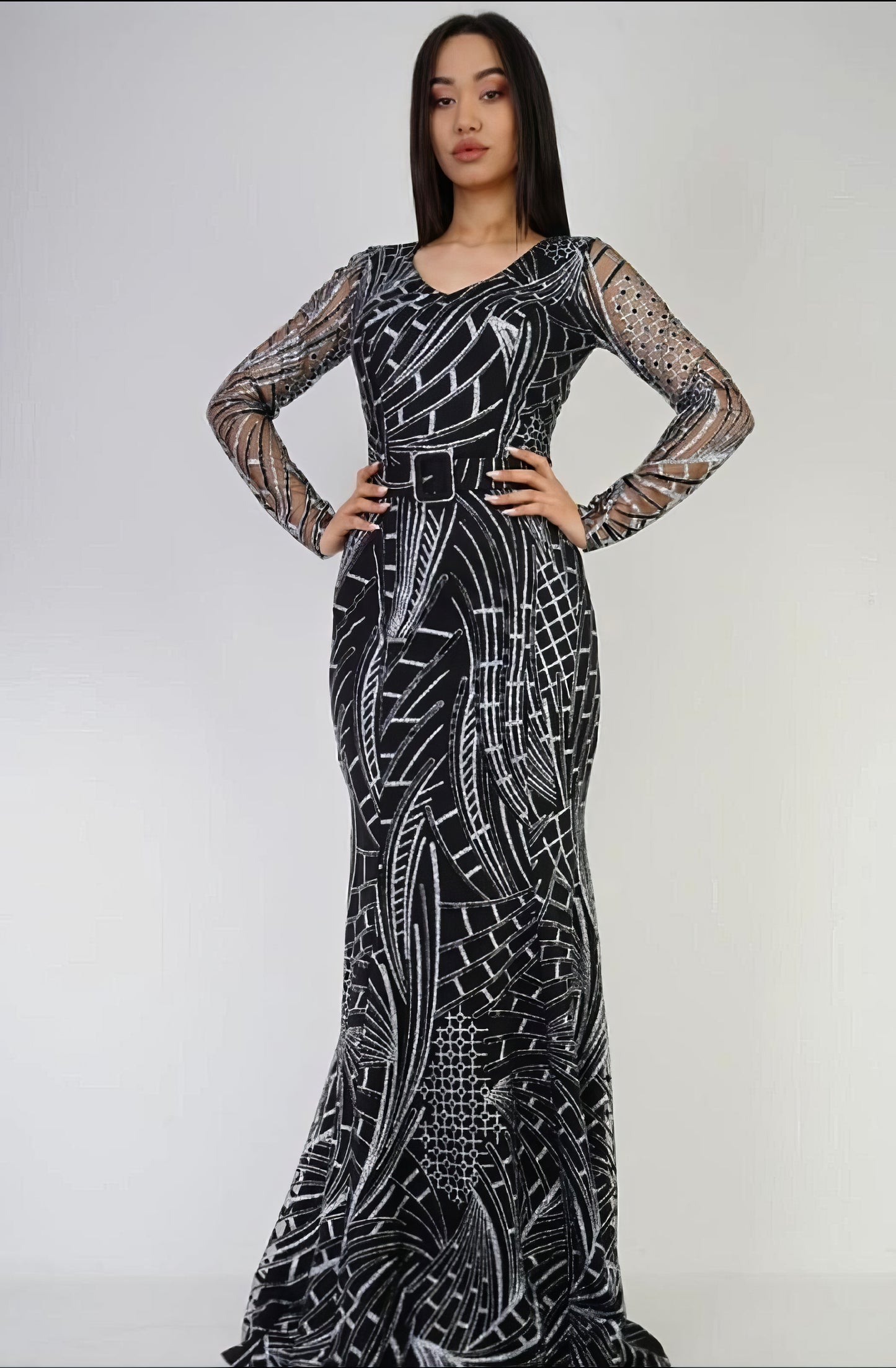 Long Sleeve Sequined Mermaid Dress with Geometric Pattern