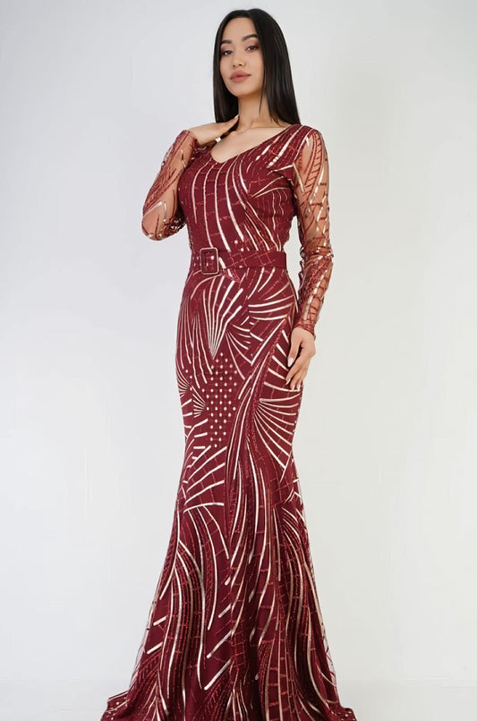 Long Sleeve Sequined Mermaid Dress with Geometric Pattern