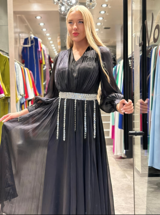 Starlight Elegance Gown with Crystal Embellishments - Evening