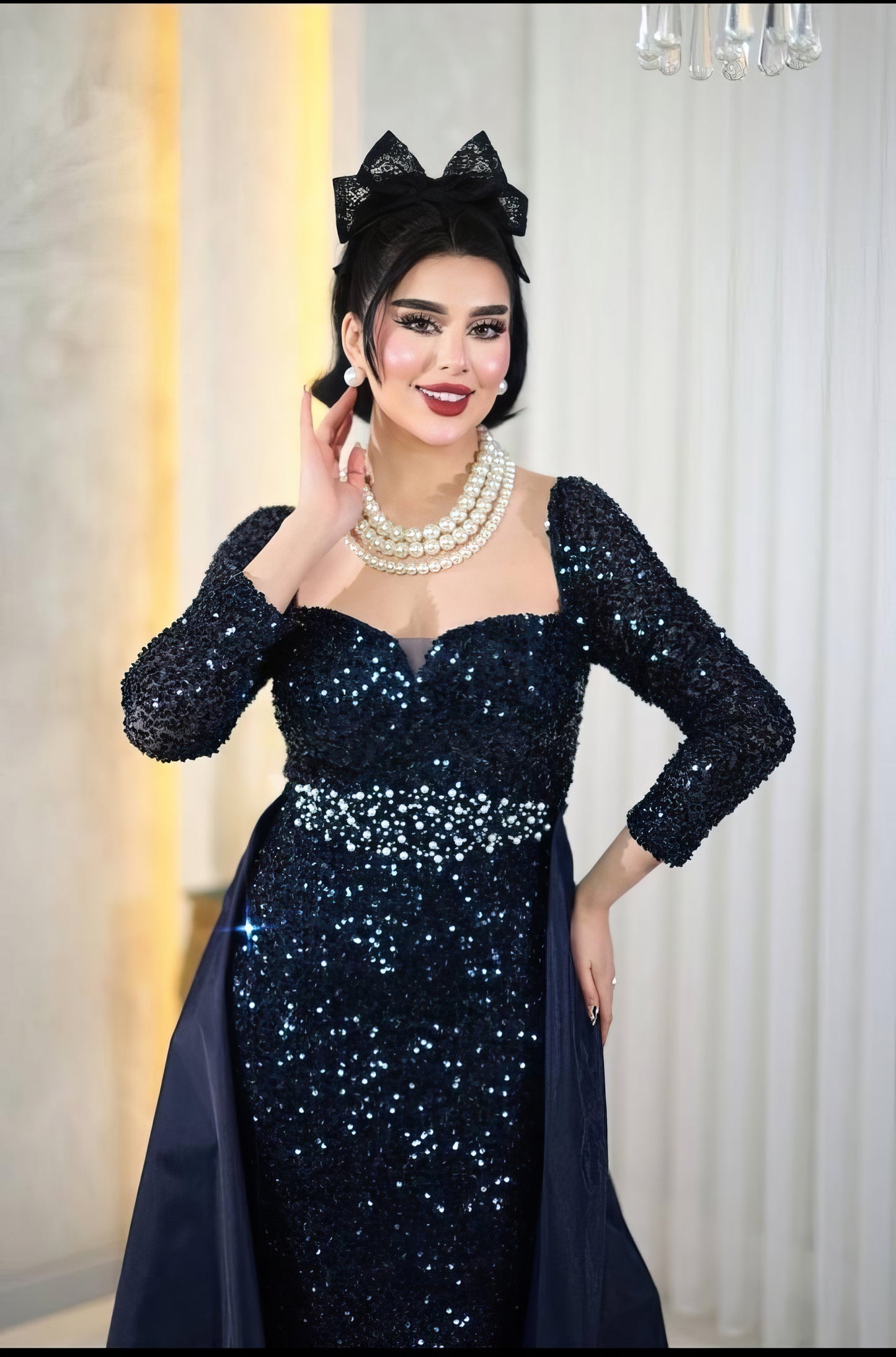 Sweetheart Mermaid Dress with Sequined Long Sleeves- Couture