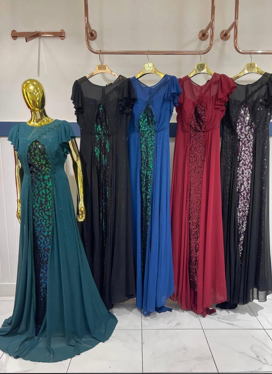 Glitter Panel Gown with Ruffle Sleeves