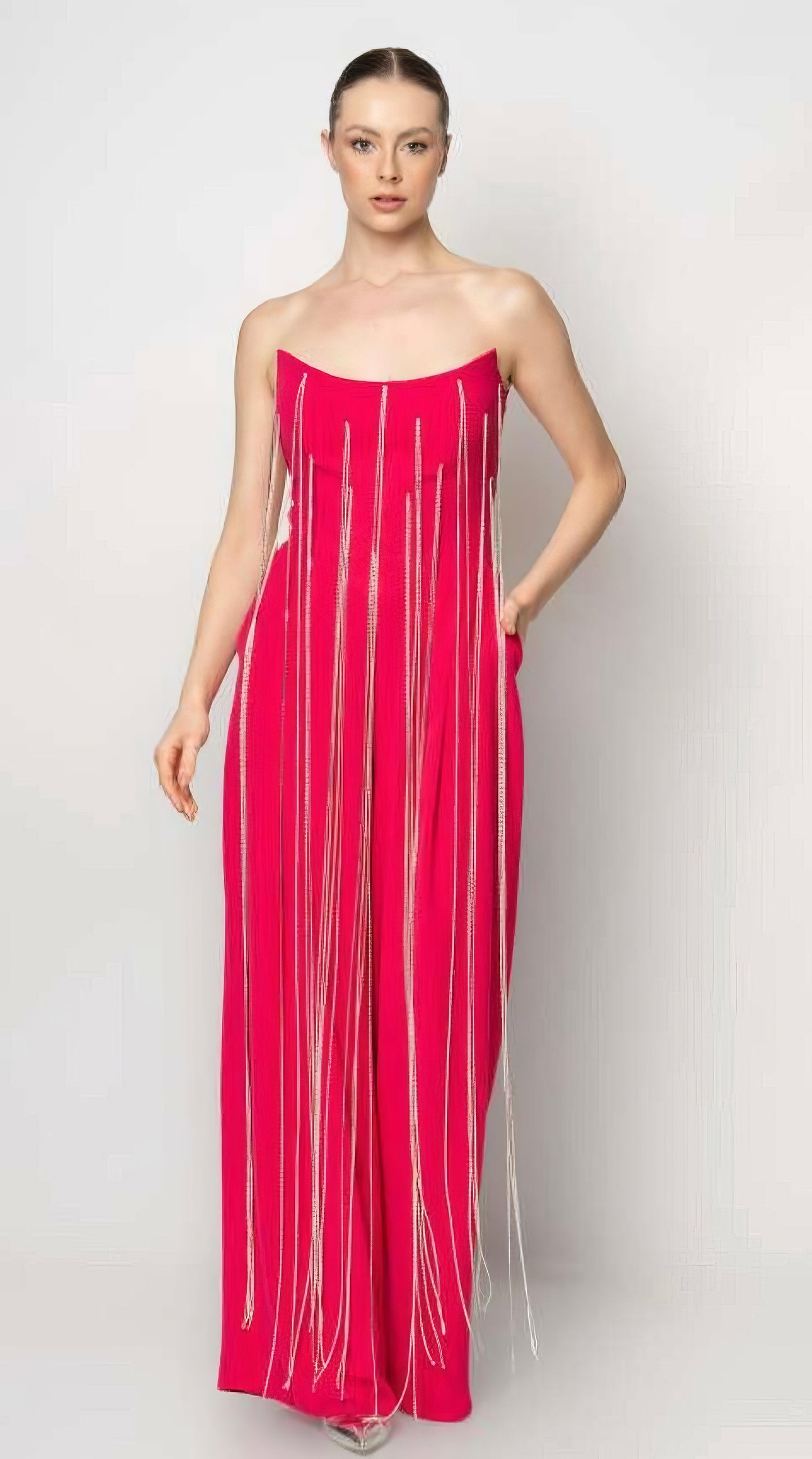 Strapless Sweetheart Jumpsuit with Dramatic Fringe- Couture