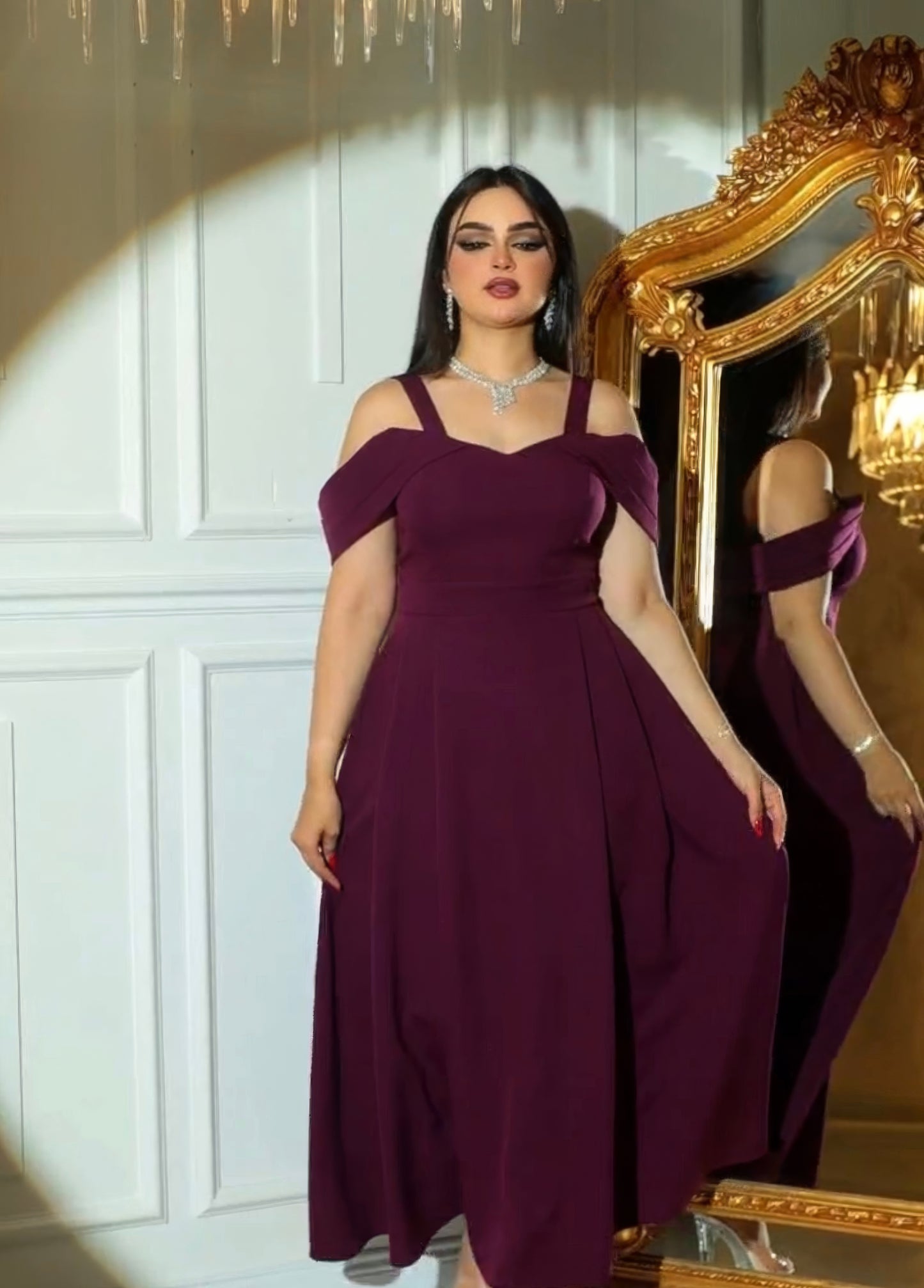 Amethyst Elegance Gown with Off-Shoulder Grace - Evening