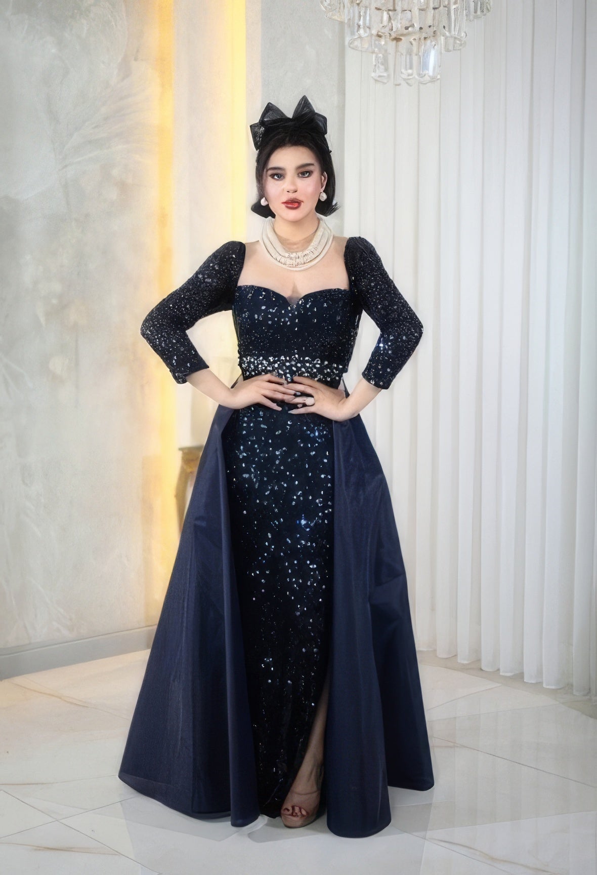 Sweetheart Mermaid Dress with Sequined Long Sleeves- Couture