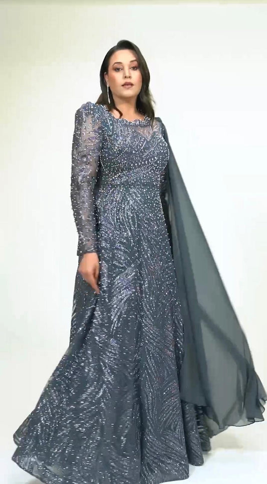 Illusion Neckline Long Sleeve Sequined A-Line Gown - Couture