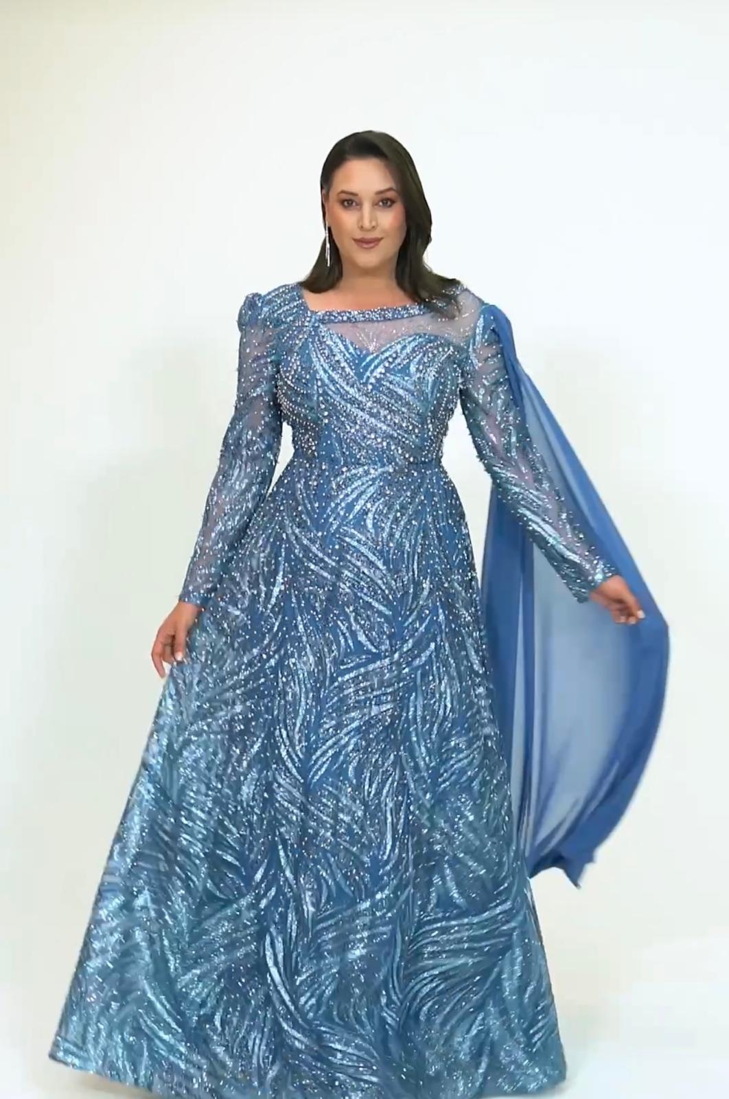 Illusion Neckline Long Sleeve Sequined A-Line Gown - Couture