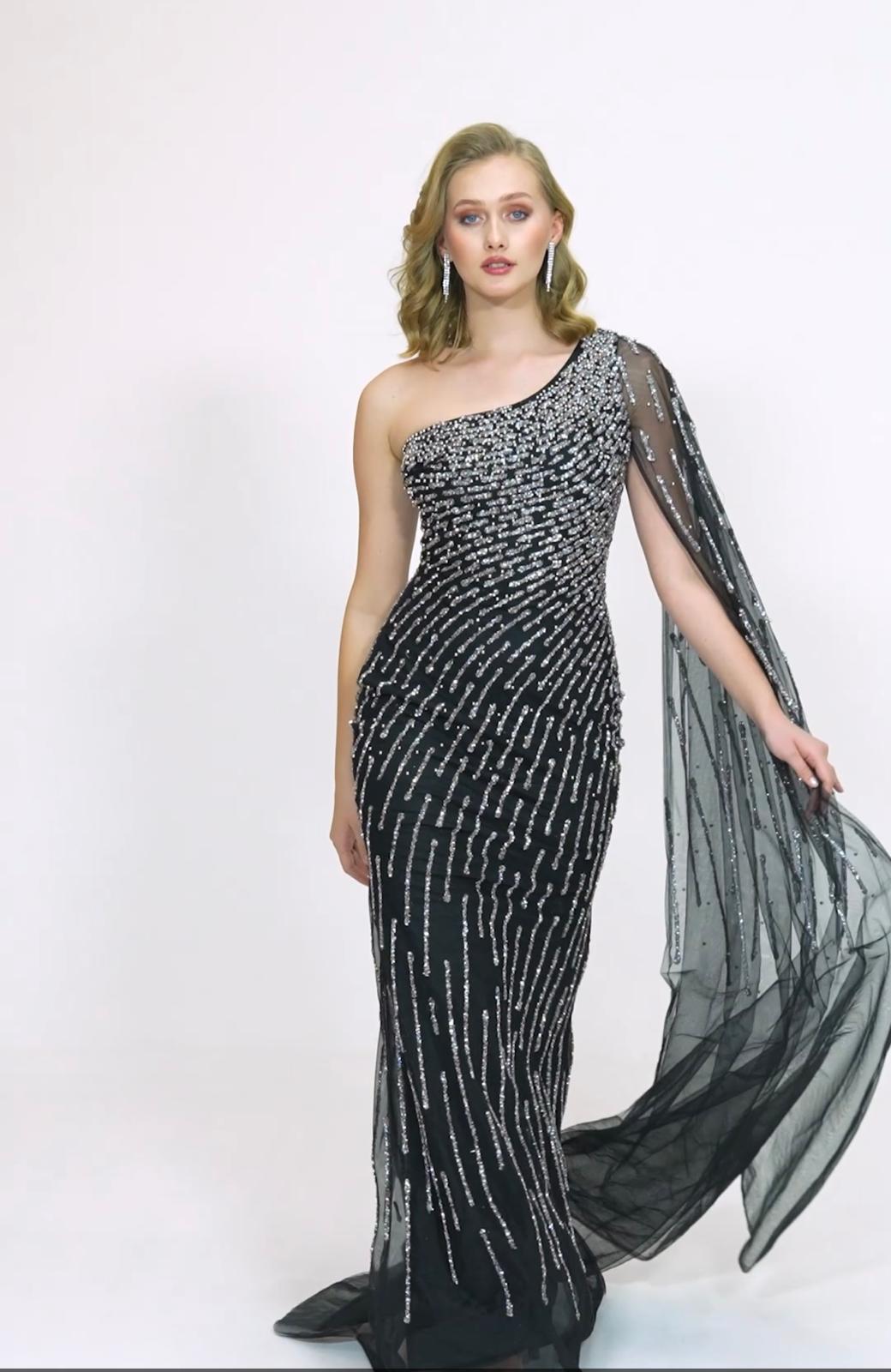 Radiance One-Shoulder Gown with Beaded Cape