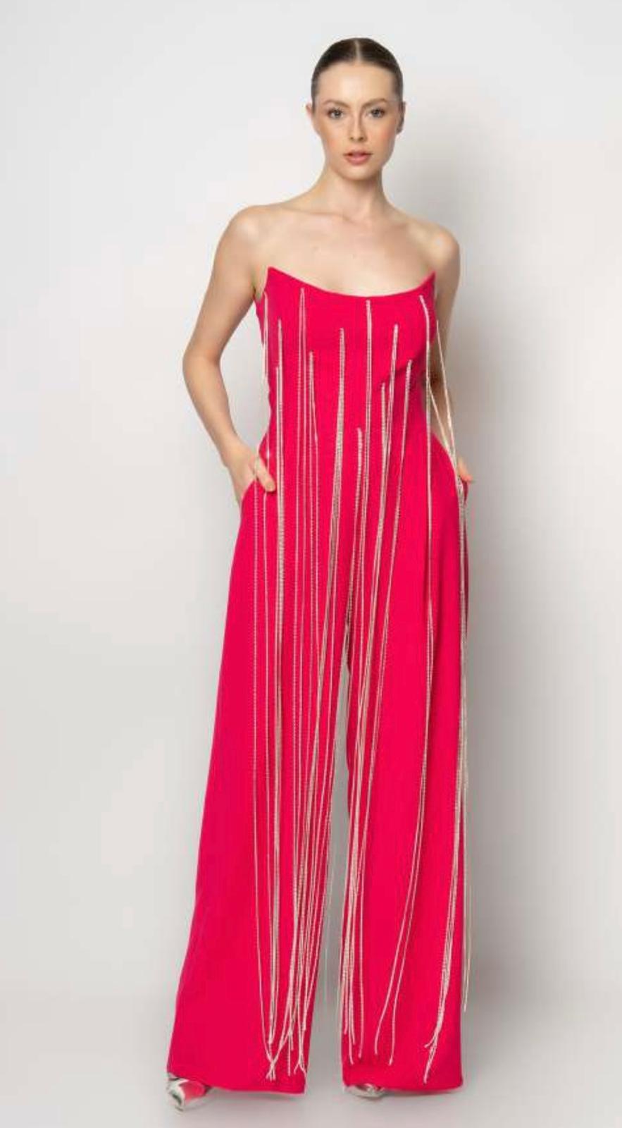 Strapless Sweetheart Jumpsuit with Dramatic Fringe- Couture