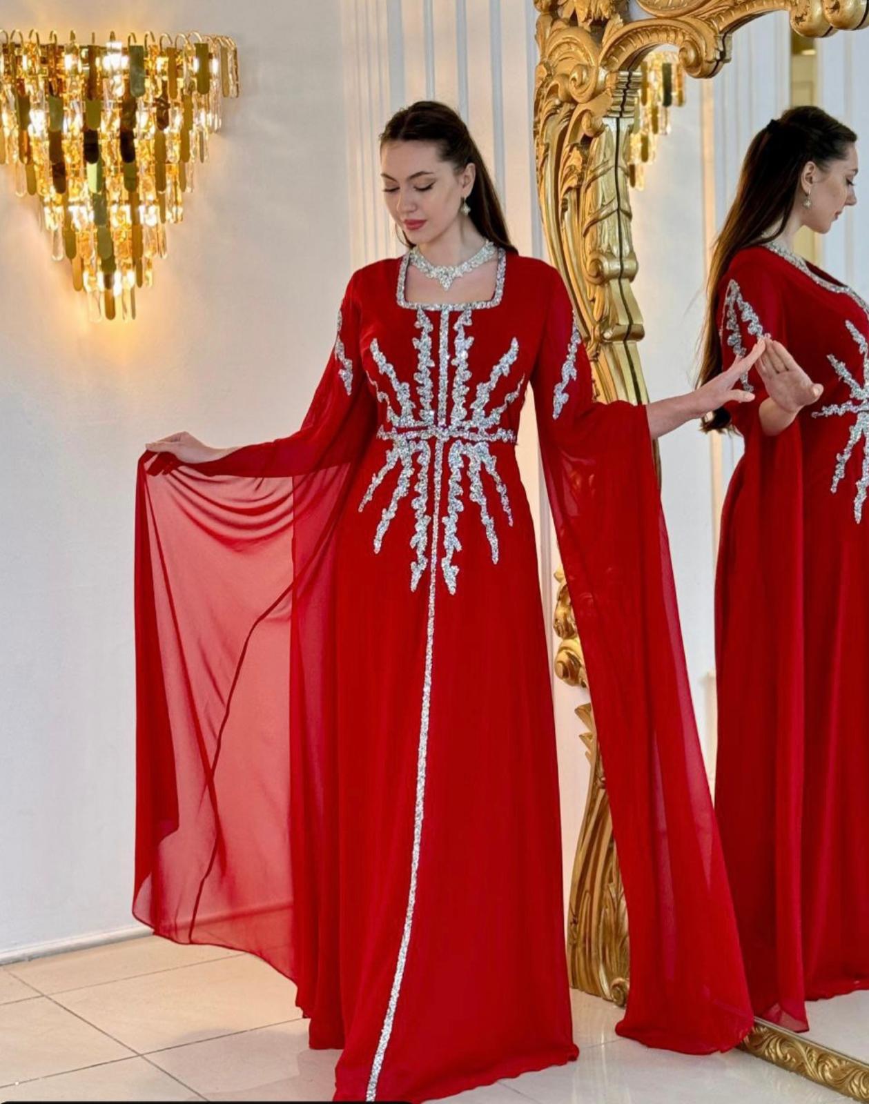 Embellished Kaftan Evening Gown with Flowing Sleeves