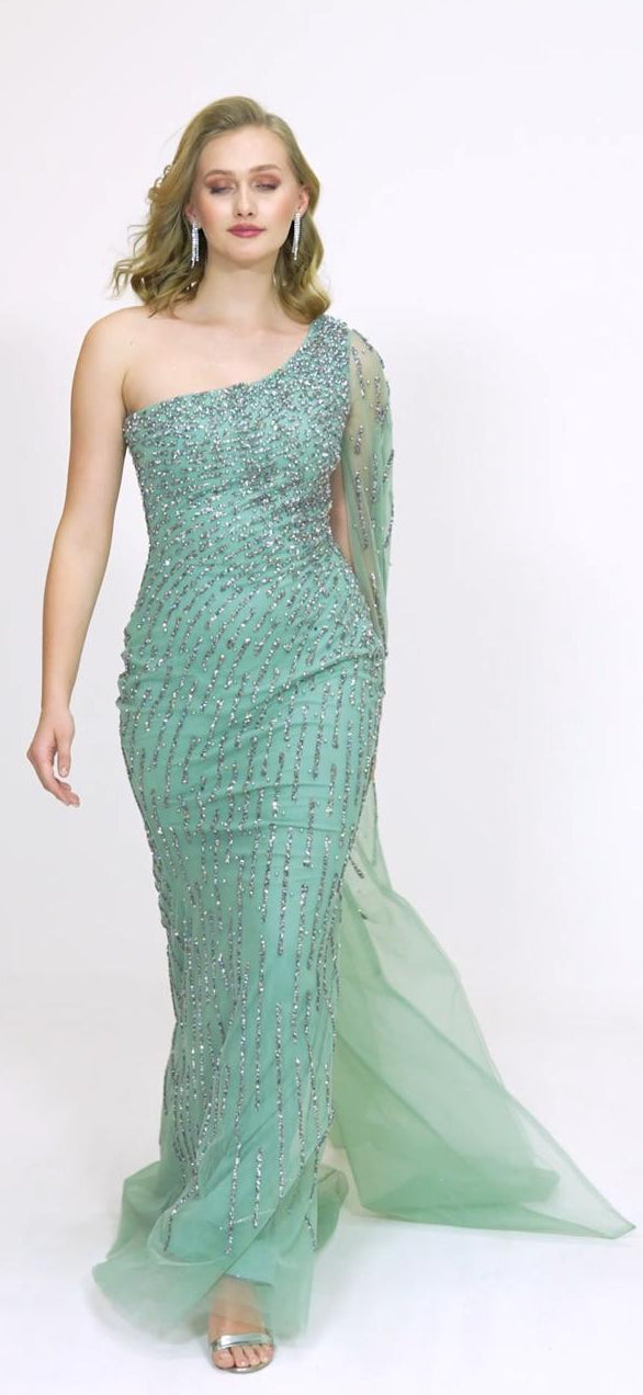 Radiance One-Shoulder Gown with Beaded Cape