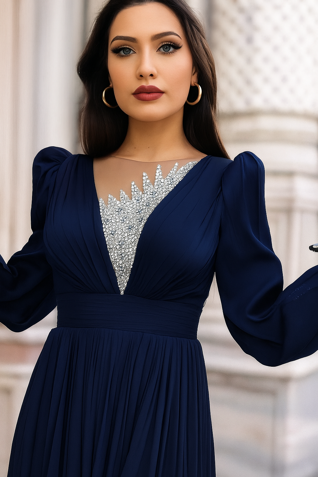 Draped Wrap Gown with Embellished Bodice