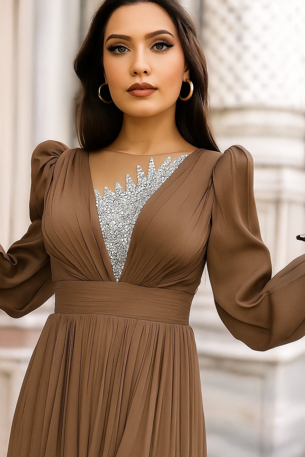 Draped Wrap Gown with Embellished Bodice