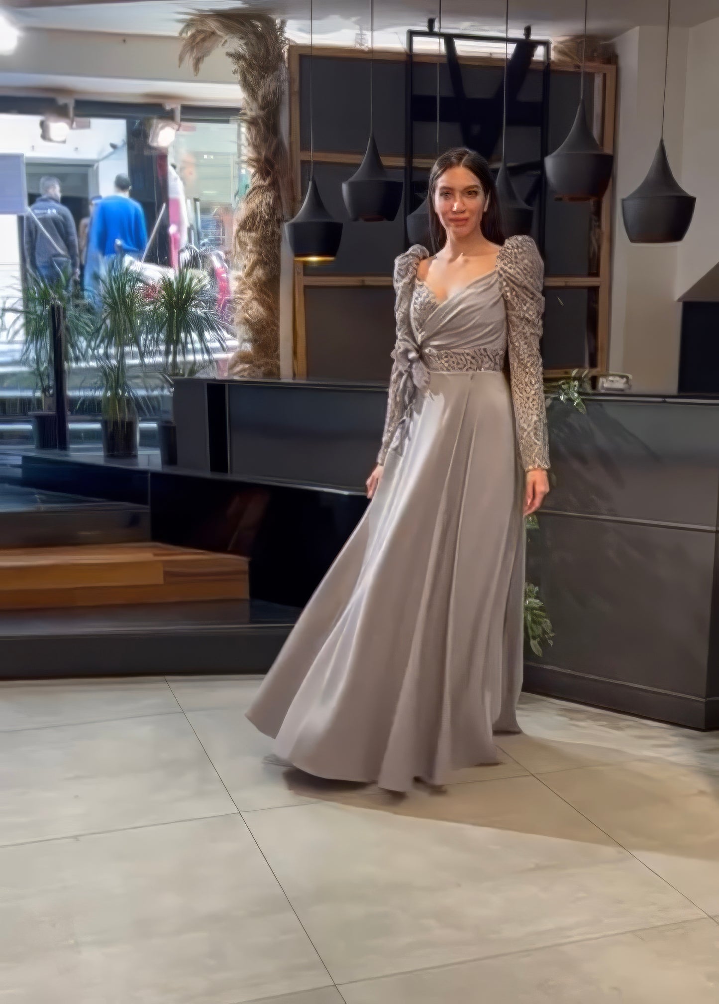 Long Sleeve Embellished A-Line Gown with Slit