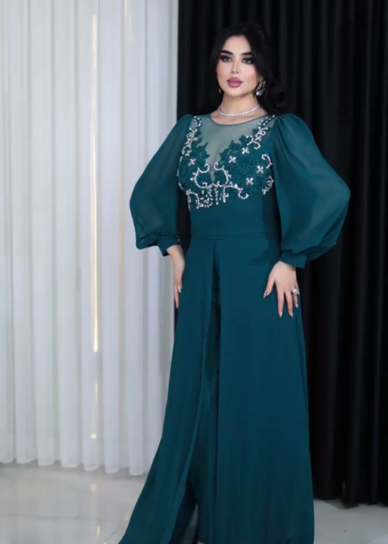 Embellished Wide-Leg Jumpsuit with Sheer Balloon Sleeves- Couture