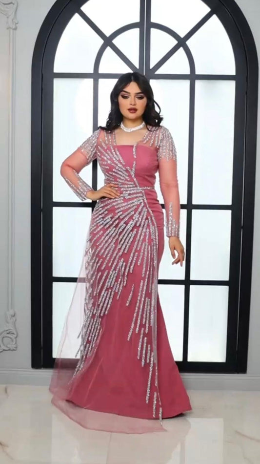 Long Sleeve Mermaid Dress with Sequin Detailing- Couture