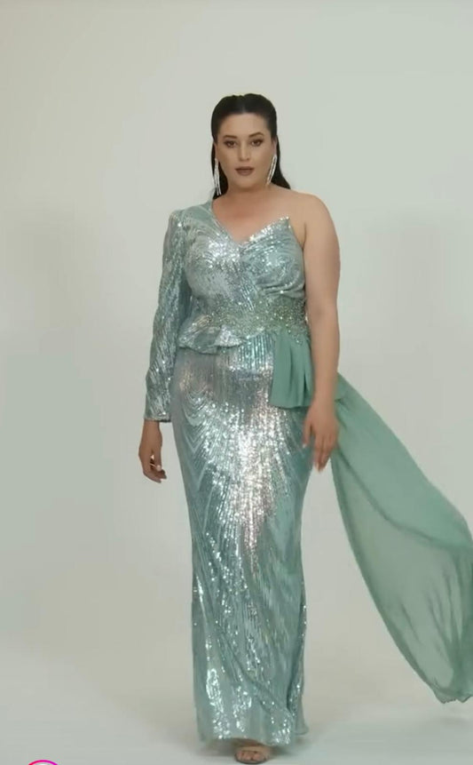 Aqua Siren One-Shoulder Sequin Gown