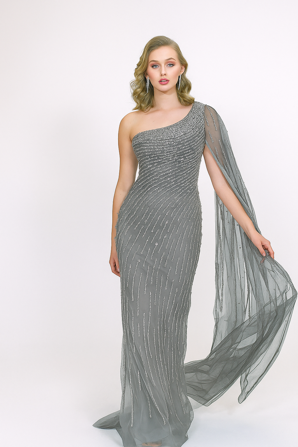 Radiance One-Shoulder Gown with Beaded Cape