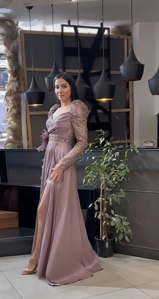 Long Sleeve Embellished A-Line Gown with Slit