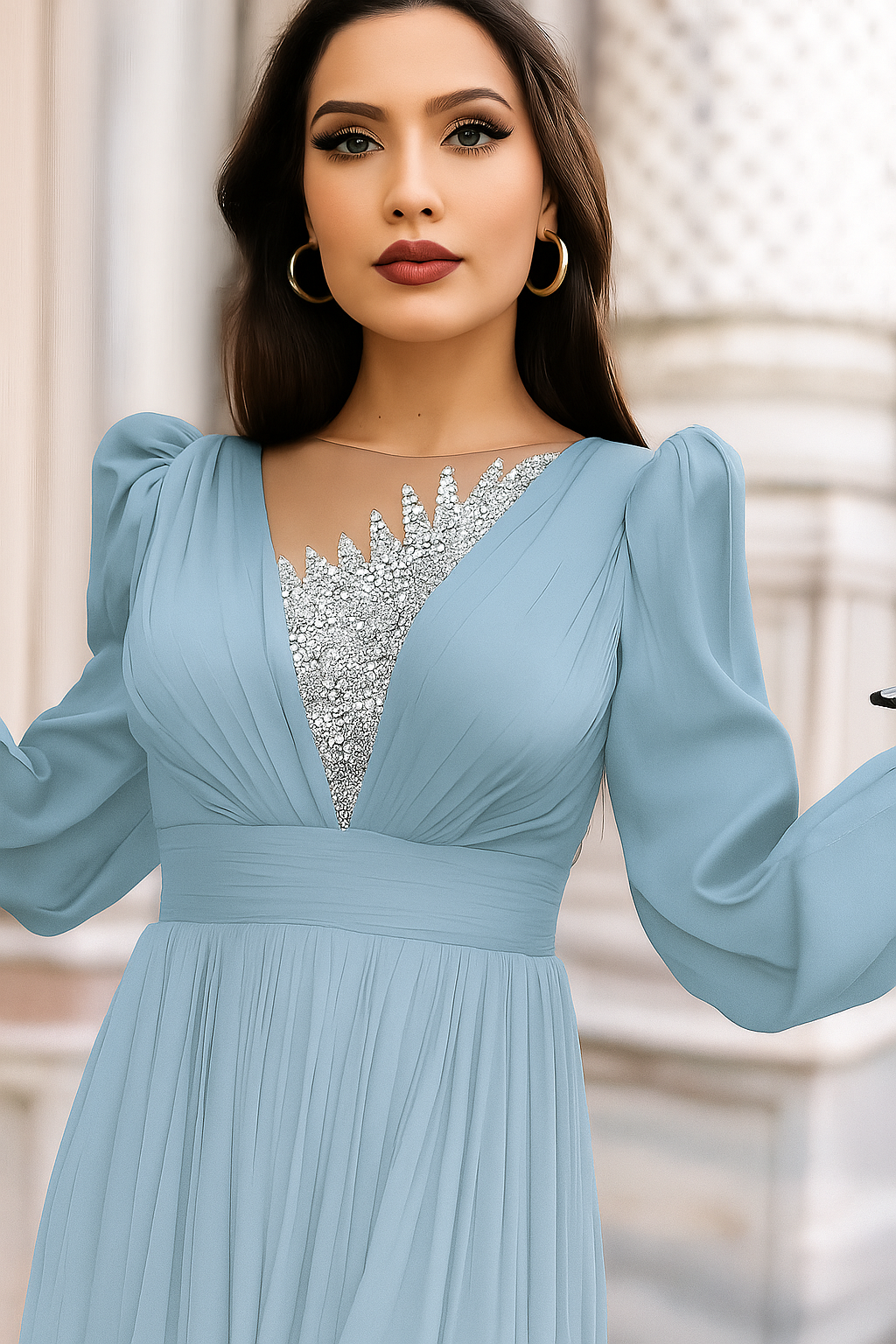 Draped Wrap Gown with Embellished Bodice