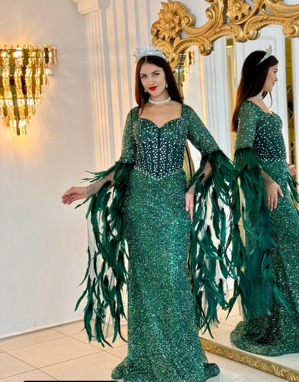 Luxurious Sequined Evening Gown with Feathers- Couture