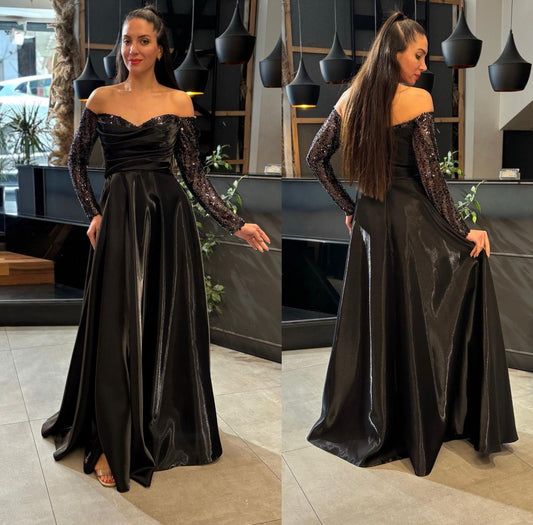 Off-Shoulder Sequined Sleeve A-Line Gown - Couture