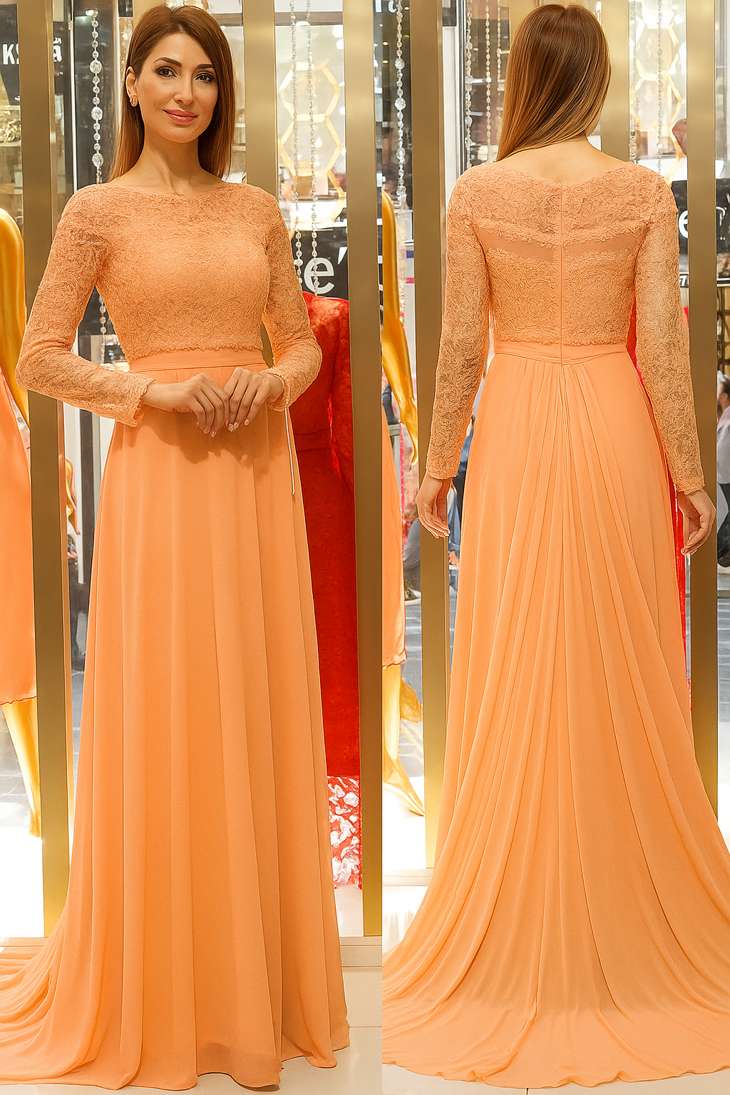 Lace Bodice Long Sleeve A-line Dress