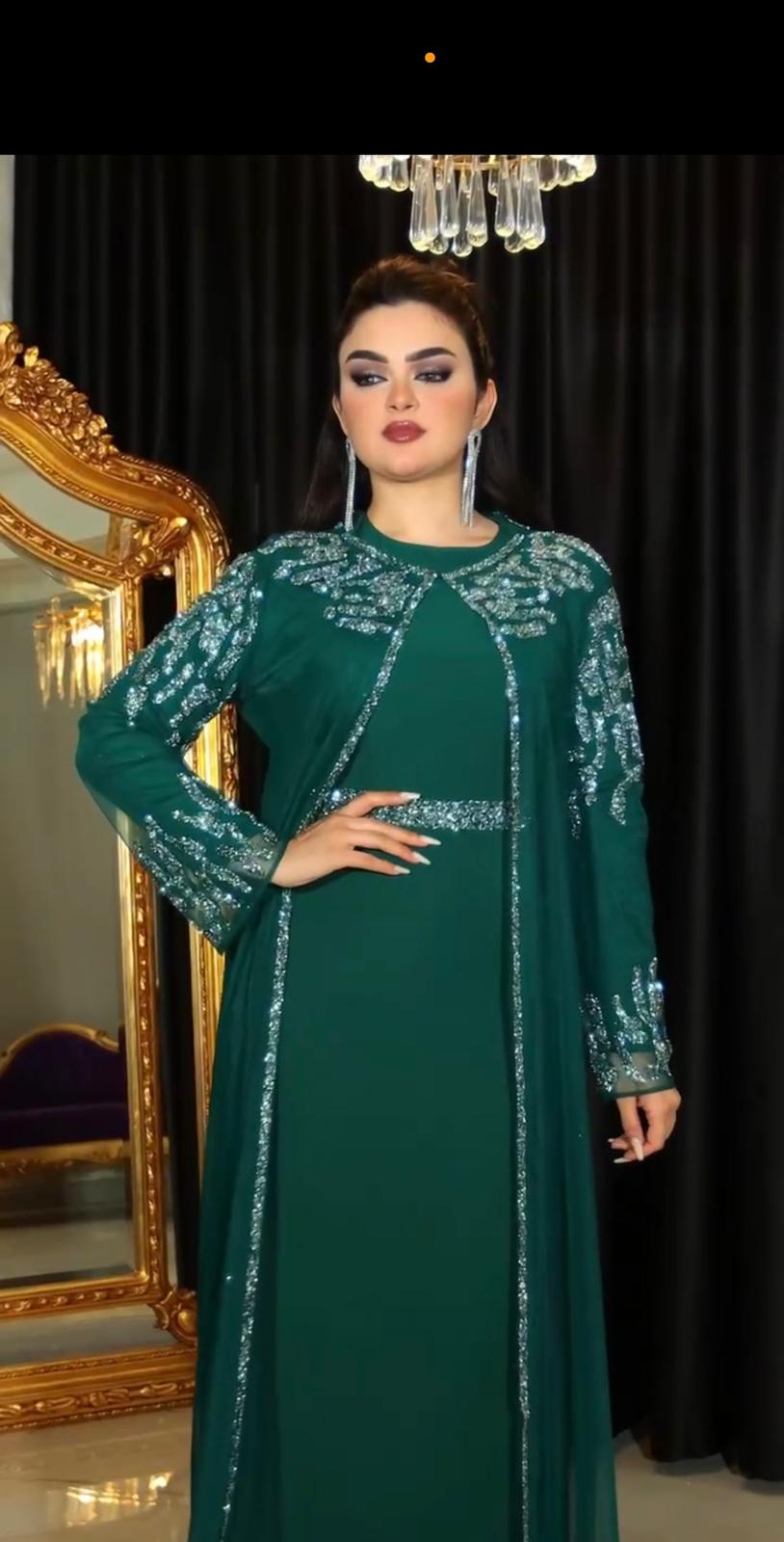 Long Sleeve Sequined Kaftan with Round Neckline- Couture
