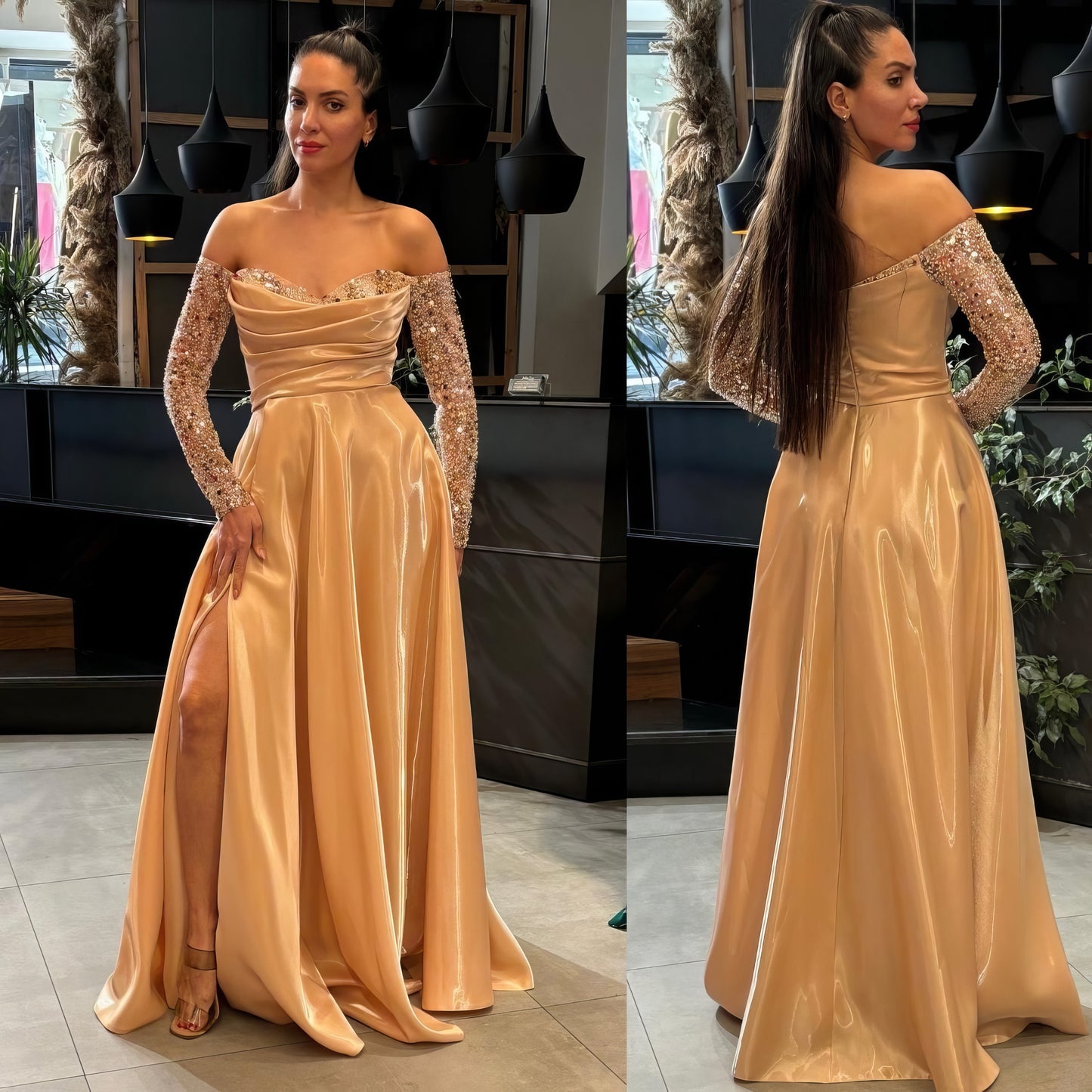 Off-Shoulder Sequined Sleeve A-Line Gown - Couture