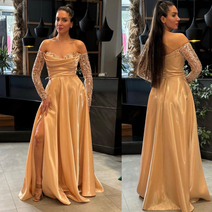 Off-Shoulder Sequined Sleeve A-Line Gown - Couture