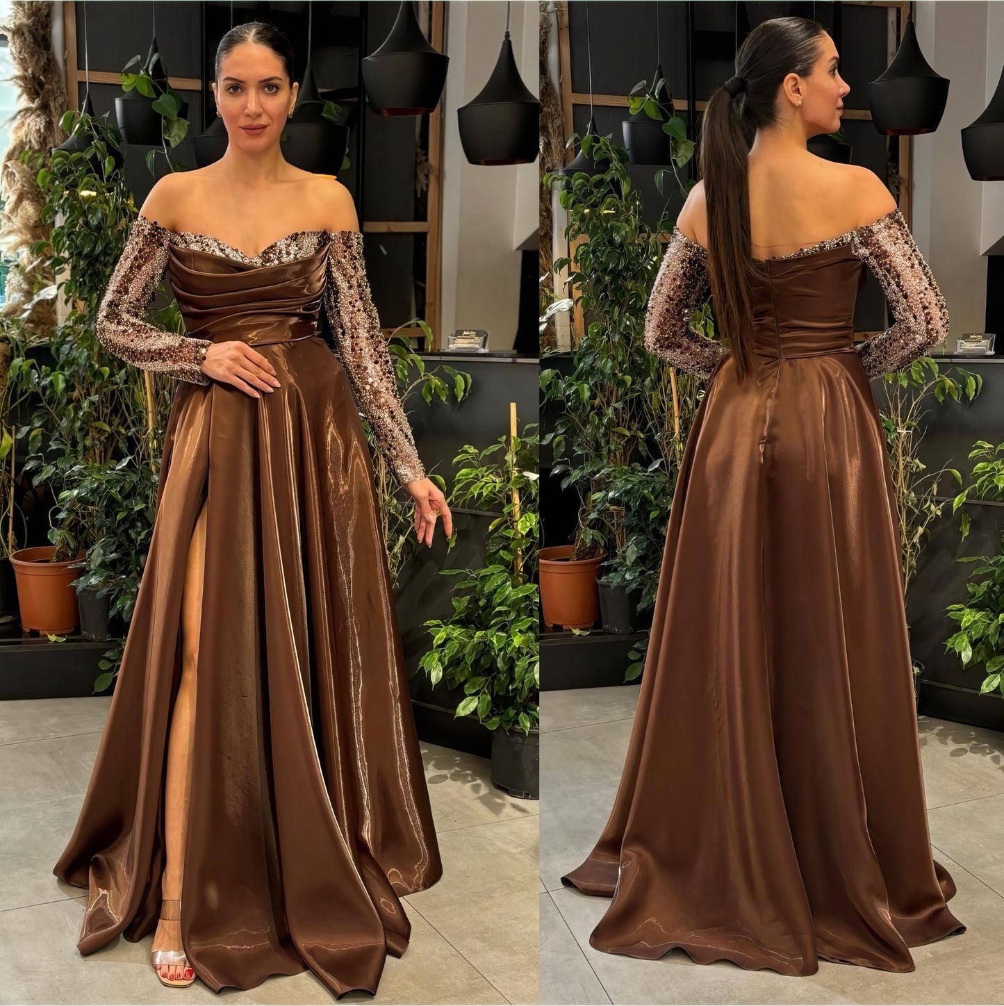 Off-Shoulder Sequined Sleeve A-Line Gown - Couture