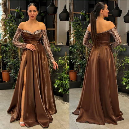 Off-Shoulder Sequined Sleeve A-Line Gown - Couture