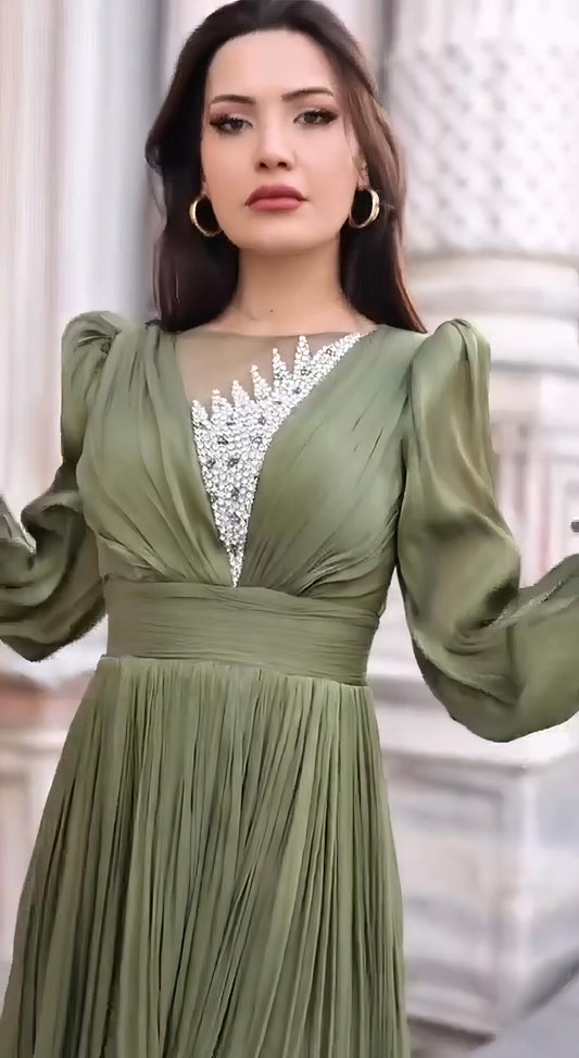 Draped Wrap Gown with Embellished Bodice