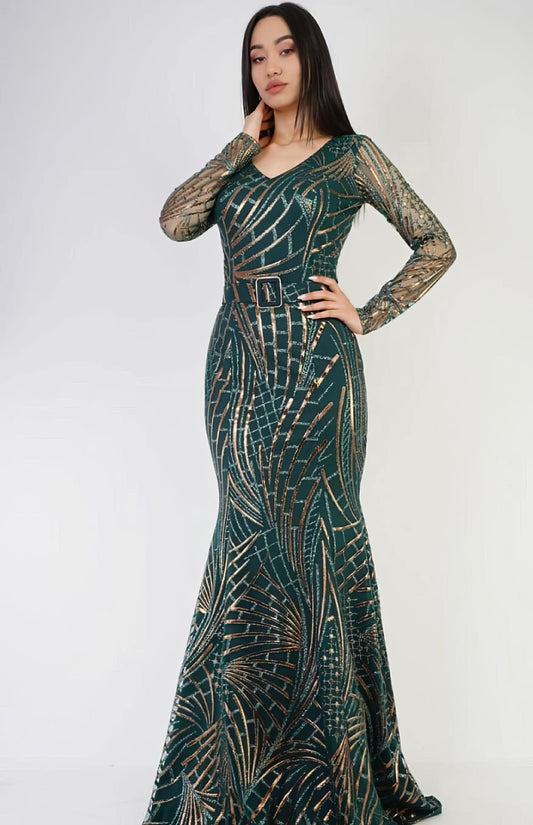 Long Sleeve Sequined Mermaid Dress with Geometric Pattern