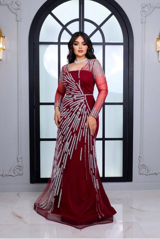 Long Sleeve Mermaid Dress with Sequin Detailing- Couture