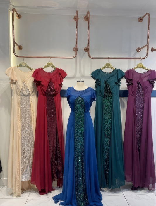Glitter Panel Gown with Ruffle Sleeves