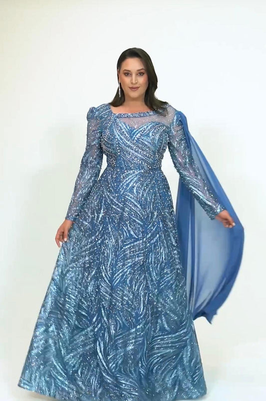 Illusion Neckline Long Sleeve Sequined A-Line Gown - Couture
