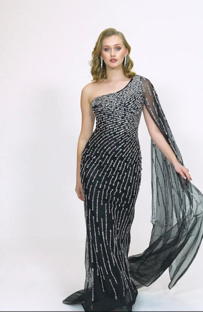 Radiance One-Shoulder Gown with Beaded Cape