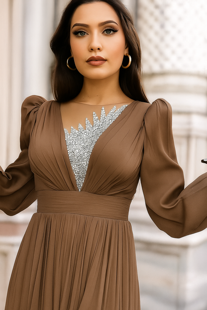 Draped Wrap Gown with Embellished Bodice