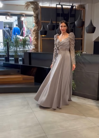 Long Sleeve Embellished A-Line Gown with Slit