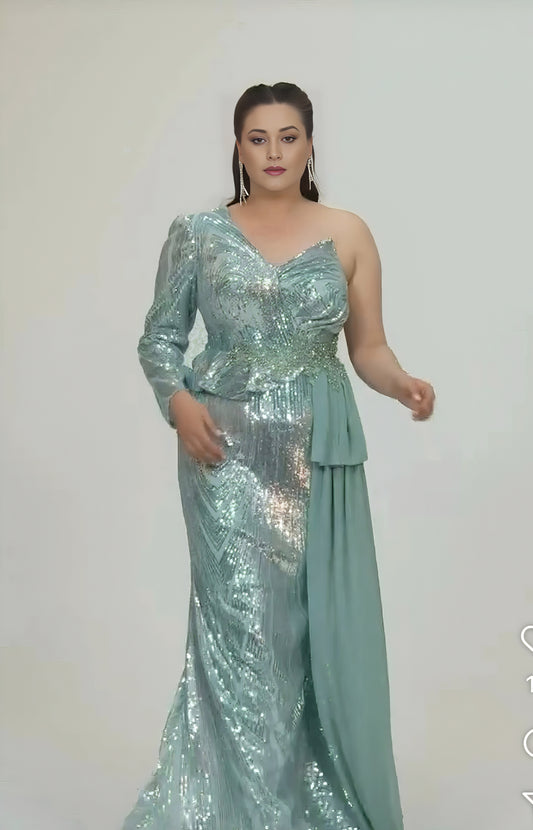 Aqua Siren One-Shoulder Sequin Gown