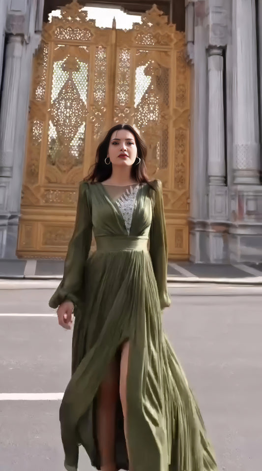 Draped Wrap Gown with Embellished Bodice