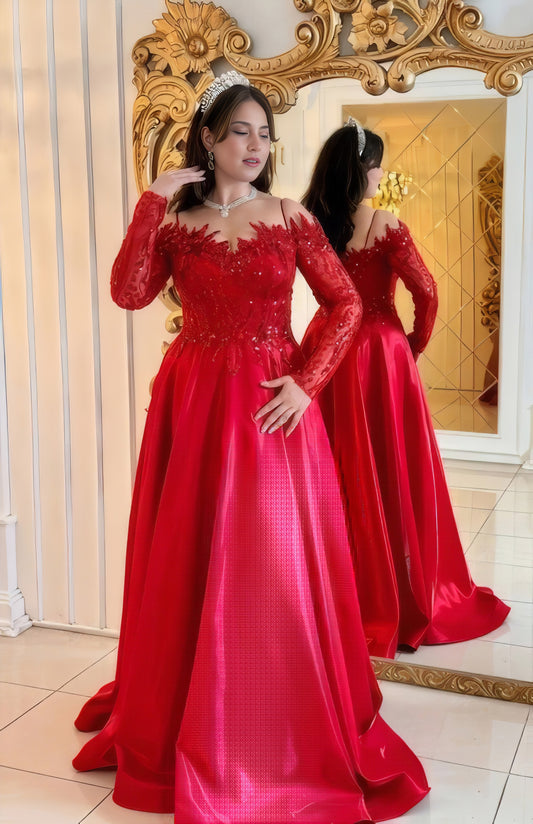 Illusion Neckline Long Sleeve Ballgown with Sequins - Couture