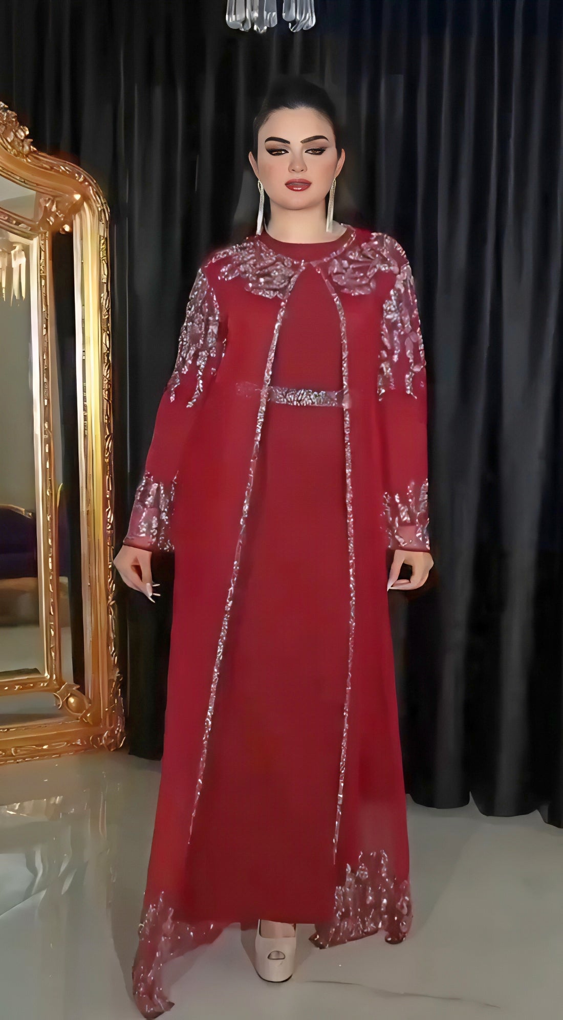Long Sleeve Sequined Kaftan with Round Neckline- Couture