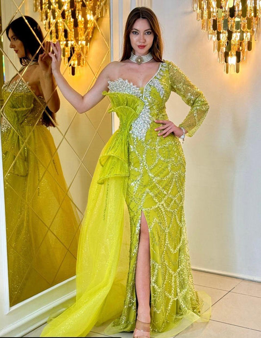 Lumina Asymmetrical Gown with Beaded Detailing - Couture
