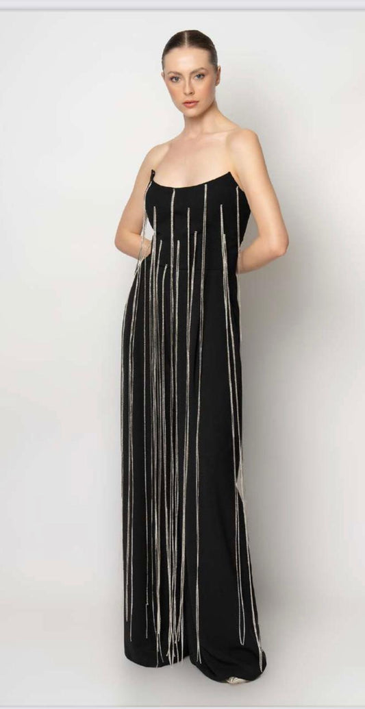 Strapless Sweetheart Jumpsuit with Dramatic Fringe- Couture