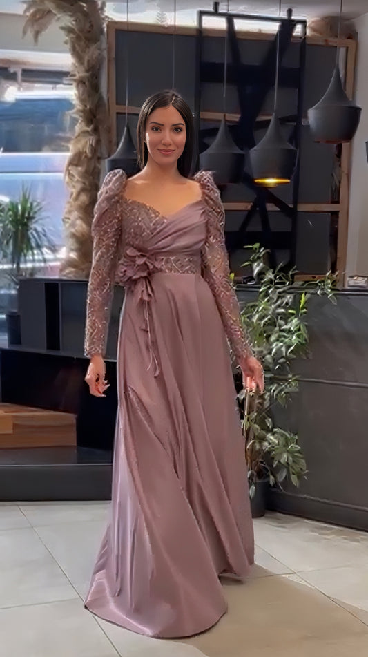 Long Sleeve Embellished A-Line Gown with Slit