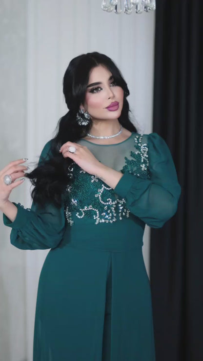 Embellished Wide-Leg Jumpsuit with Sheer Balloon Sleeves- Couture